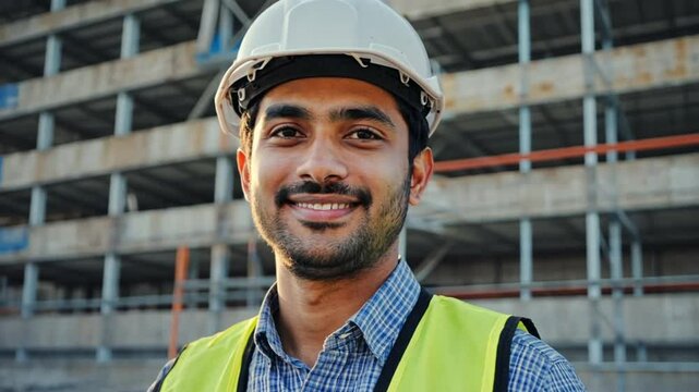 A smiling Indian construction worker wears a helmet and safety vest at a building site. Concept of job satisfaction and workplace safety
