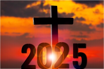 The brightly rising new year 2025 with holy cross