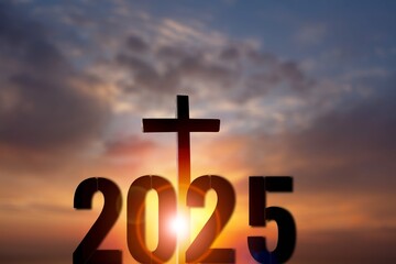The brightly rising new year 2025 with holy cross