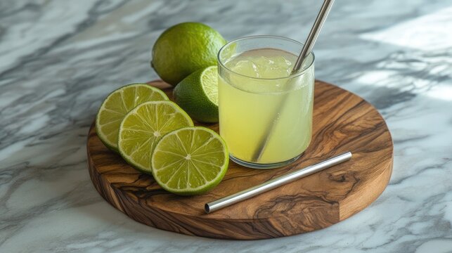 Refreshing Lemonade Drink with Fresh Limes on Wooden Board Surrounded by Slices and Straw