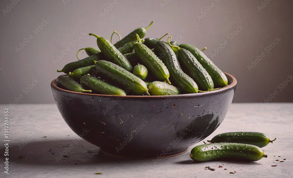 Aufkleber bowl of cucumbers is sitting on a table. the cucumbers are green and have a few drops of water on th