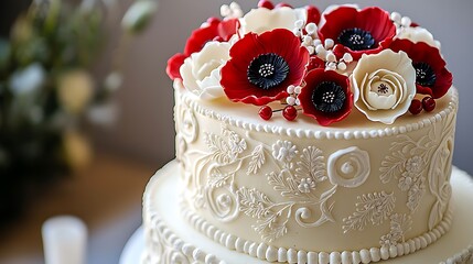Elegant Red and White Wedding Cake Fondant Flowers Delicious Dessert