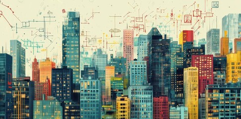 Obraz premium A colorful city skyline featuring buildings of various shapes and sizes