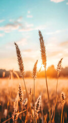 Obraz premium Ears of wheat shimmering in a golden field during a stunning sunset, blending vibrant orange and deep blue hues in the sky