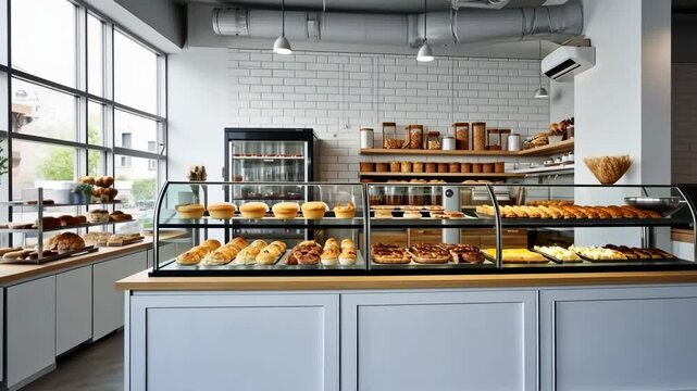 Wide-angle video shot of a modern bakery interior, showcasing neatly arranged pastries and bread on display under bright, natural lighting.