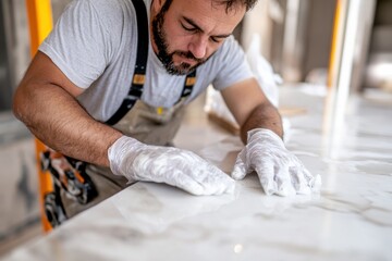 A skilled craftsman meticulously works on a polished marble surface, demonstrating dedication and expertise in craftsmanship within a construction environment.