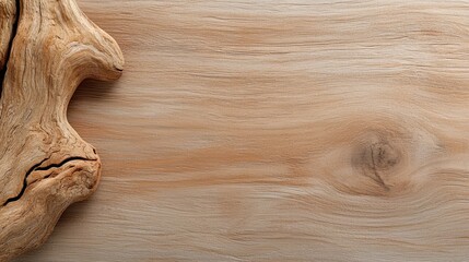 Piece of wood with a crack in it sits on a wooden table. The crack in the wood gives the impression of a natural, organic texture. The table itself is made of wood, which adds to the overall rustic