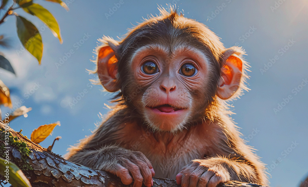Aufkleber baby monkey is sitting on a branch and looking at the camera. concept of curiosity and innocence, as