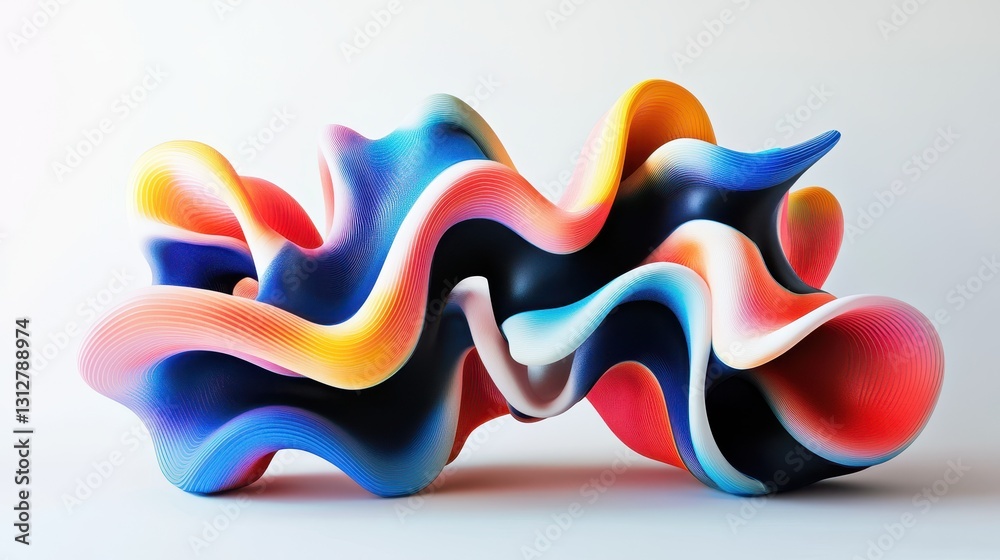 Aufkleber an abstract colorful shape stands out against a minimalist background, rendered in three dimensions.