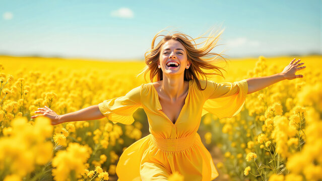 Full-length portrait of a smiling blonde woman in a yellow dress running with arms outstretched through a field of yellow flowers under a radiant sunny sky. - Powered by Adobe