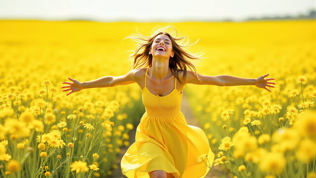 Young woman in a yellow sundress standing in a field of bright yellow flowers with arms outstretched and head tilted back, radiating happiness and joy in the summer sun.
