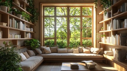 Fototapeta premium Sunlit library with built-in bookshelves, window seat, and plants.