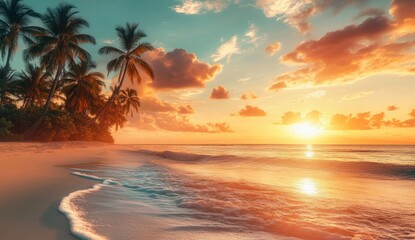 Tropical beach sunset, palm trees, ocean waves, golden hour