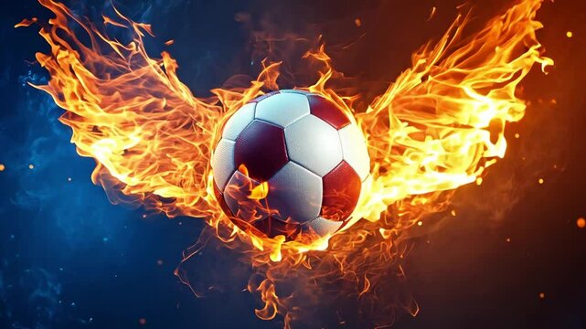 A football surrounded by intense flames in the shape of wings highlights the spirited energy and excitement associated with the sport