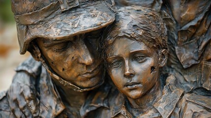 Emotional bronze sculpture of soldier and child embrace