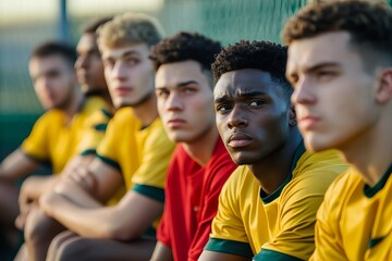 Obraz premium Young Diverse Soccer Team Players Sitting Together Teamwork Unity Sports Athletic Golden Yellow Jerseys Strong Confident Determined Ready Competition 