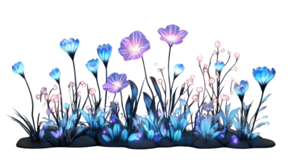 Glowing blue and purple fantasy flowers growing on transparent background