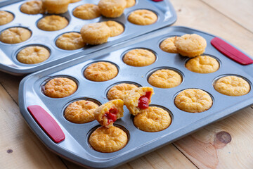 Guava muffins in a tray, fresh from the oven.