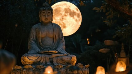 Fototapeta premium Serene buddha statue in tranquil garden with full moon