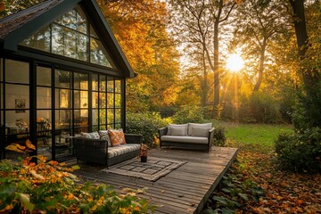 Autumnal sunset view of modern glass house with outdoor furniture on wooden deck.