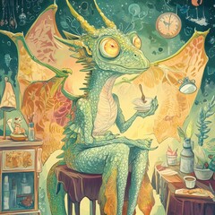 A Cartoon Dragon Enjoying a Meal While Sitting at a Table