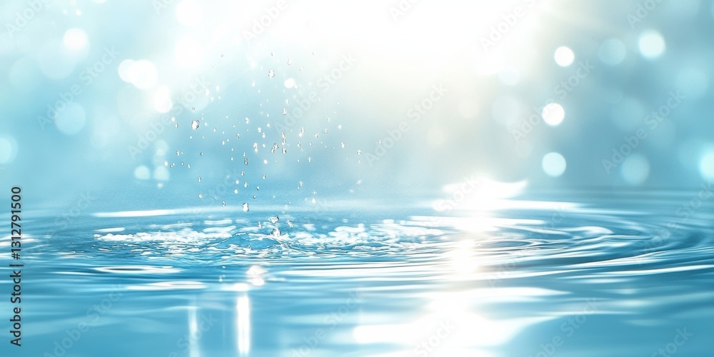 Poster sunlight shines down on a light blue water surface, creating gentle ripples and a splash with drople