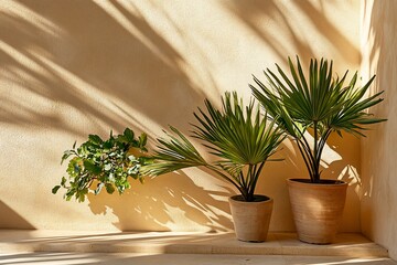 Two potted plants with leafy foliage cast shadows on a beige wall.
