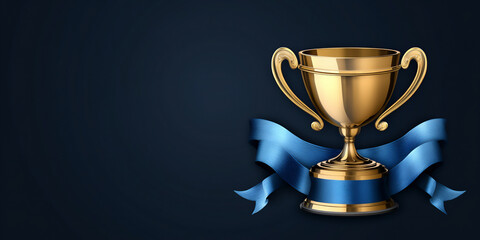 golden trophy with a blue ribbon on a dark background,