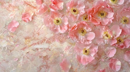 Pink flowers and petals on marble background.