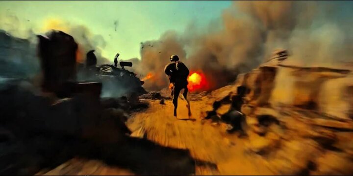 Soldier running through a battleground with bombs blasting with every step, army commando running in a battlefield with enormous bombs blasting all over place everywhere, destroyed city war generative