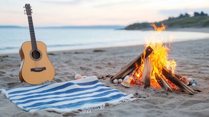 Fototapeta premium Acoustic Guitar Bonfire Beach Sunset Relaxation Travel Music