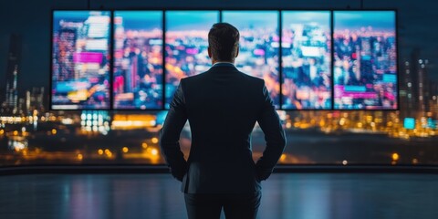 Business executive analyzing city data urban office digital display night view