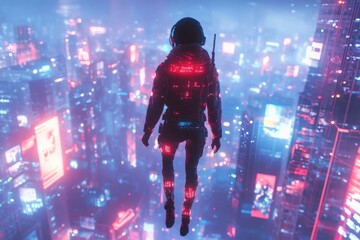 Futuristic figure suspended above a neon-lit city at night showcasing advanced technology and vibrant colors in a cyberpunk landscape