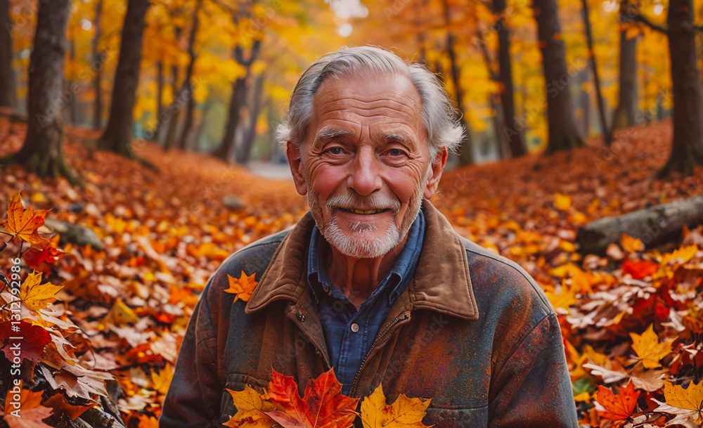Aufkleber man is sitting in a field of autumn leaves. he is smiling and holding a leaf in his hand. scene is p