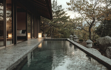Obraz premium Modern Minimalist Architecture with Serene Outdoor Pool and Warm Lighting