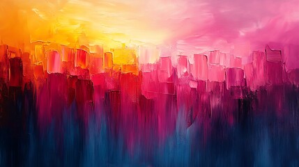 An abstract painting depicting a cityscape with vibrant color gradients