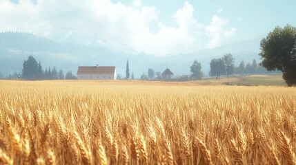 Obraz premium Golden wheat field, farmhouse, mountains.