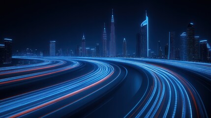Fototapeta premium Futuristic City Nightscape: Light Trails and Skyscrapers