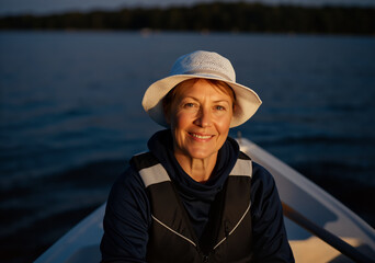 Smiling senior woman wearing sun hat and life jacket rowing boat on lake at sunset