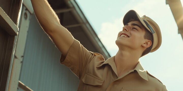 Soldier in uniform greeting passengers on a train, indicating friendly and approachable service.