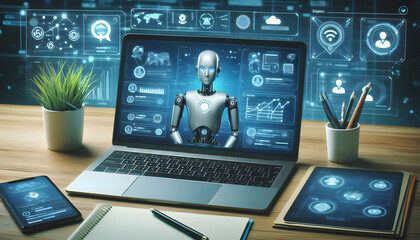 A high-tech workspace featuring a laptop displaying an AI-powered humanoid assistant, surrounded by smart devices and digital analytics, illustrating artificial intelligence and automation