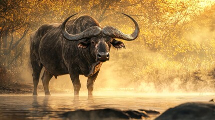 Obraz premium Majestic cape buffalo bull standing in a misty river at sunrise.