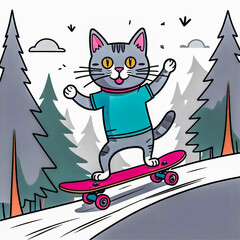 Cat on a Skateboard – Doodle-Style Illustration - a doodle of a cat riding a skateboard down a hill, paws up in the air. 