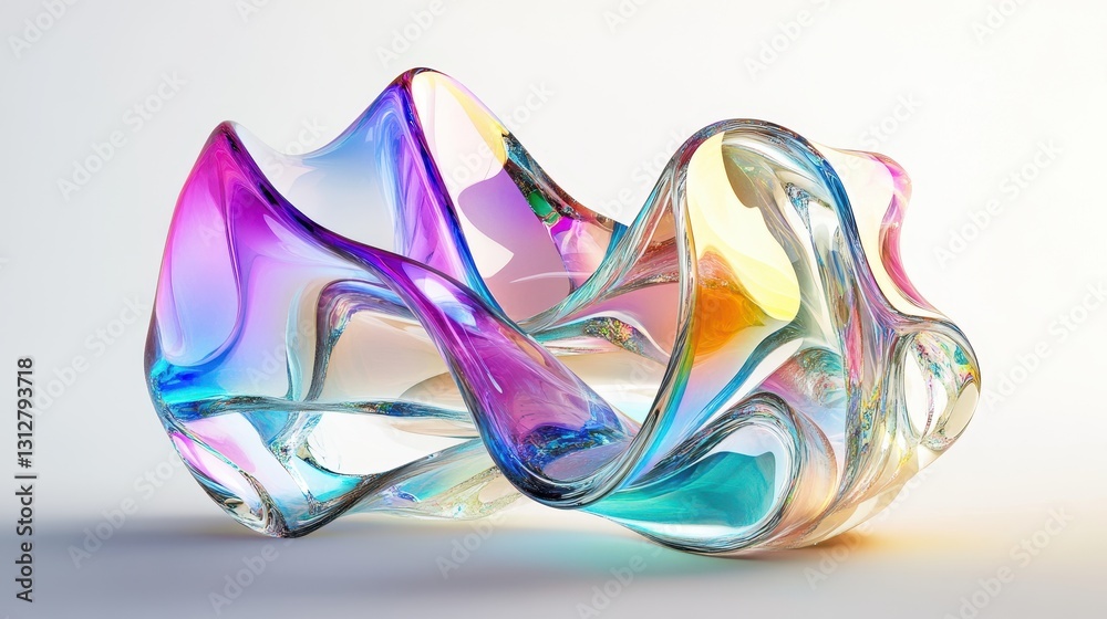 Aufkleber an abstract glass shape featuring a colorful refraction effect, rendered in 3d.