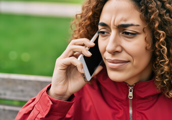 Young woman with curly hair has a worried expression while talking on her smartphone in a park