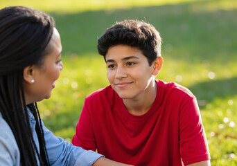 Latin american teenager boy listening to social worker outdoors in park