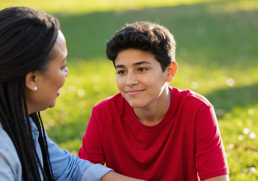 Latin american teenager boy listening to social worker outdoors in park