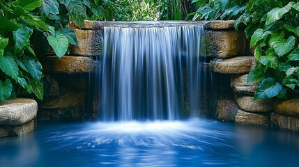 Serene waterfall cascading into a tranquil pool surrounded by lush tropical foliage.