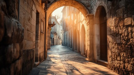 Fototapeta premium Sunlit cobblestone alleyway in historic European town, arched entrance, warm light.