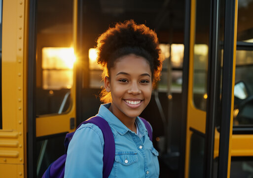 Happy student girl with backpack entering school bus at sunset, back to school concept